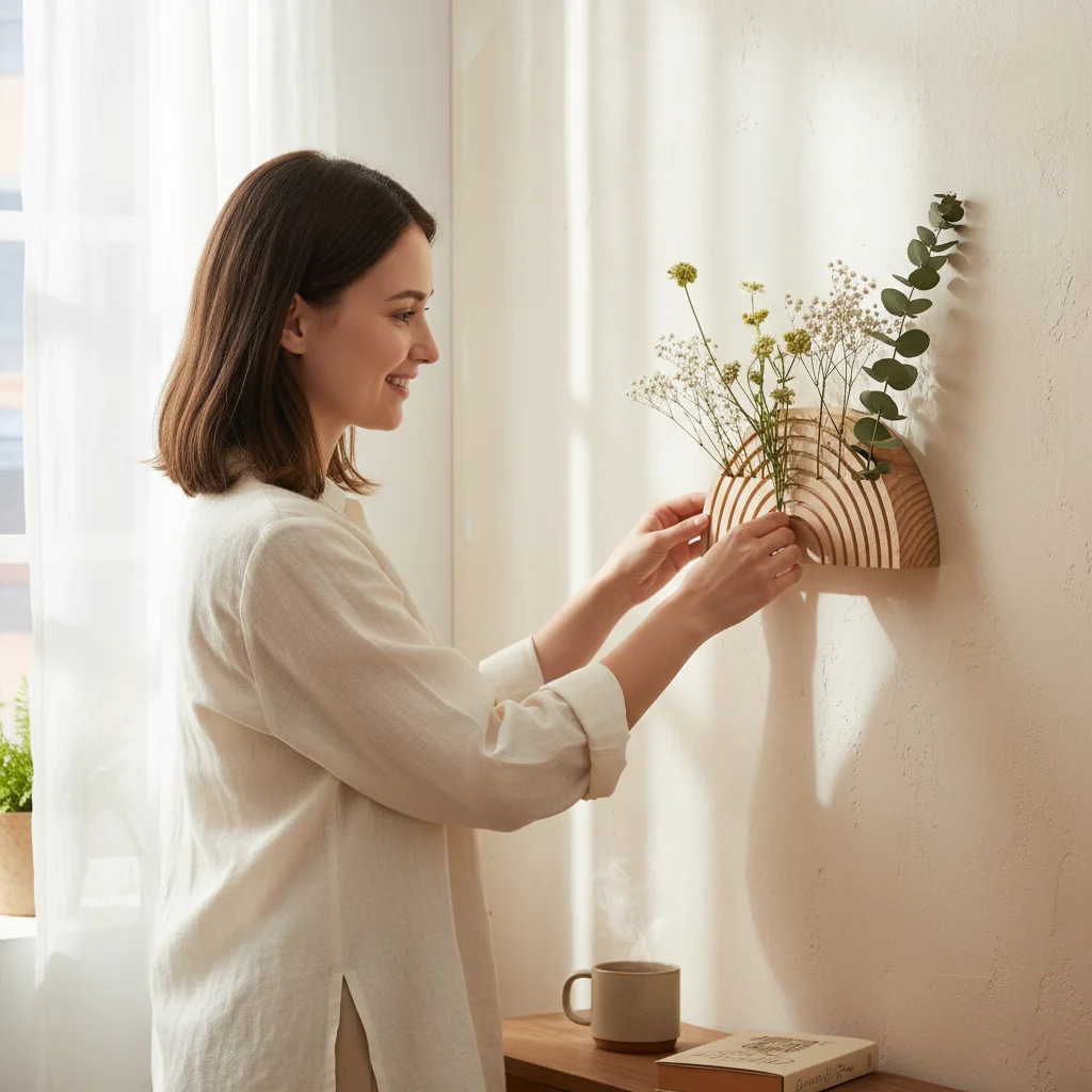 2/1Pcs Wood Semi Circle Wall Planter Natural Wood Handmade Shelf Creative Flower Holder Home Decor for Living Room and Balcony