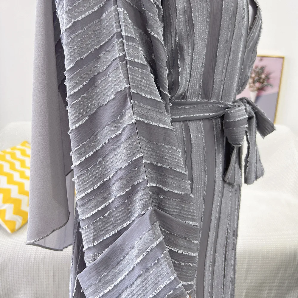 Middle Eastern Striped Kaftan Muslim Kimono Abaya Retro Ethnic Cardigan Robe Dubai Saudi Arabia Eid Clothes Belted Dress Pockets