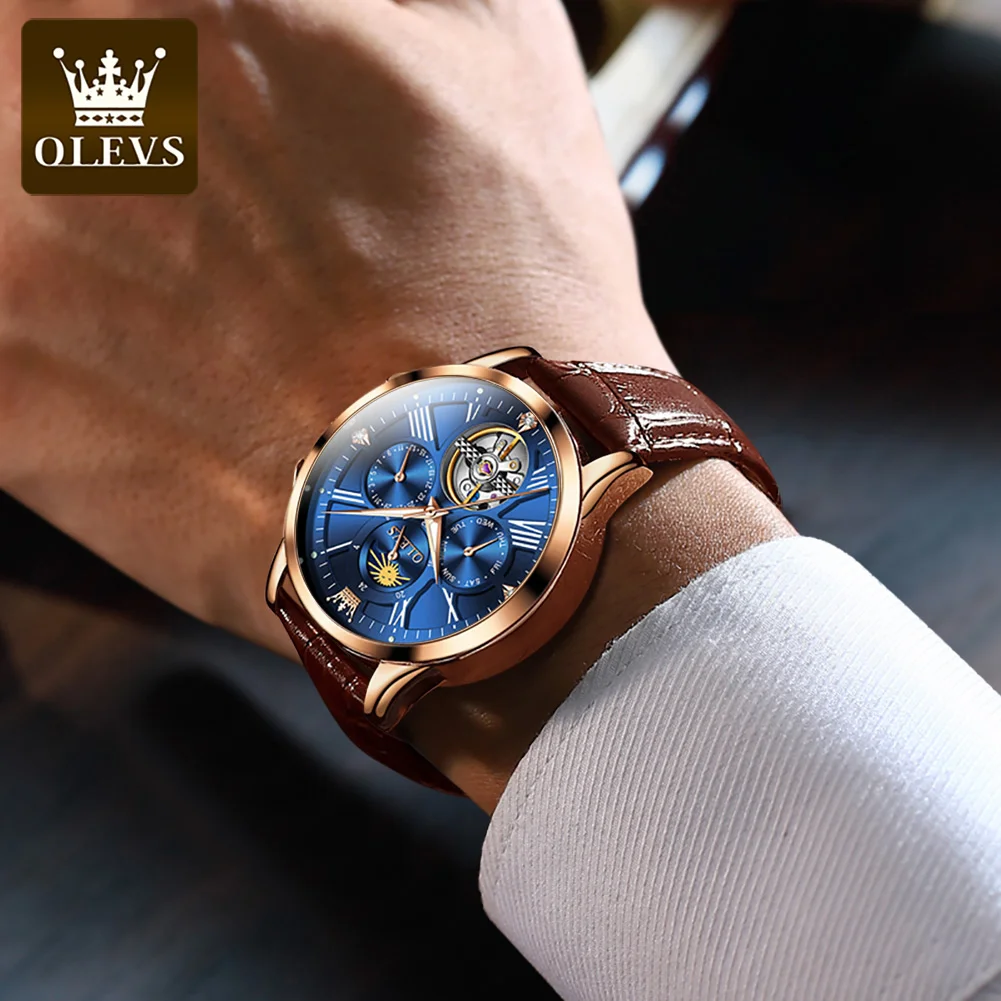 OLEVS 6658 Classic Watch for Men Original Leather Strap Tourbillon Design Moon phase Waterproof Male Wristwathes