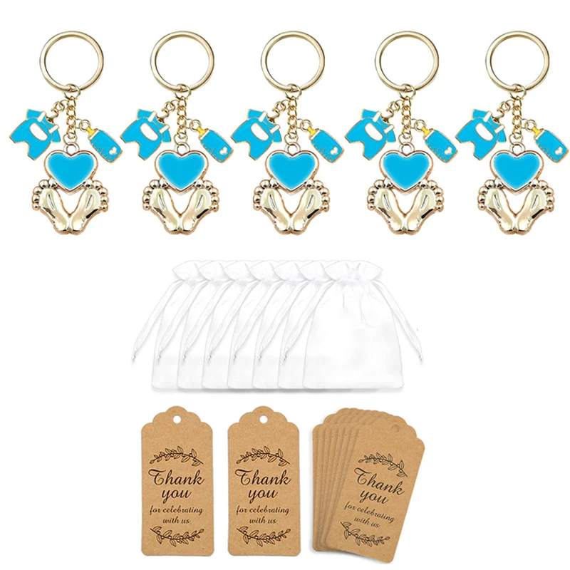 5set Baby Shower Gifts Guests Blue Pink Footprint Keychains It's A Girl Boy Decoration Birthday Party Favors Supplies