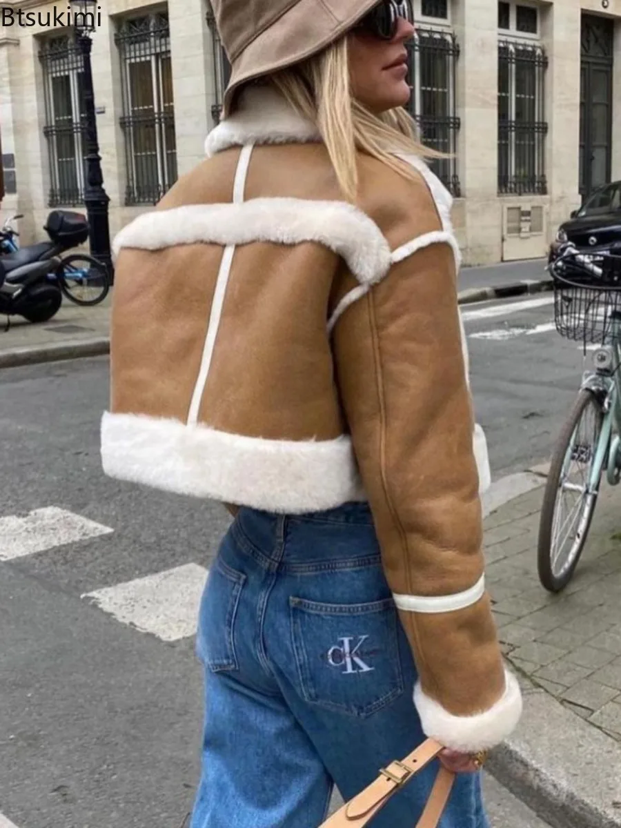 

Women Faux Leather Thicken Patchwork Jacket Vintage Front Zipper Lapel Long Sleeve Coat Winter Women Warm Casual Short Outerwear