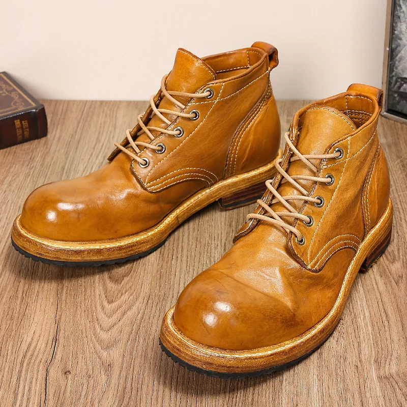 Genuine Horse Leather Shoes Men Martin Boots Work Attire, British Handmade Motorcycle Riding Sneakers, Outdoor Trekking Walking