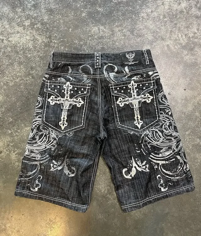 2000s Baggy Embroidery Cross Short Jeans Man Hip Hop American Trend Pocket Overalls Shorts