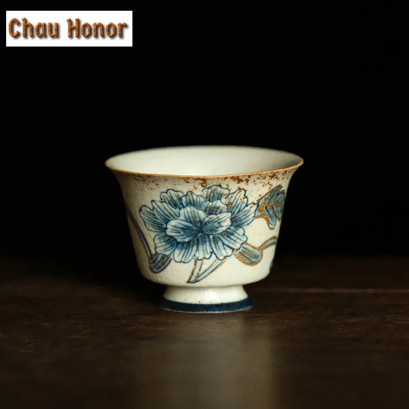 1PC Blue And White Flint Red Ceramic Tea Cup Hand-painted Peony Flower Master Cup High Footed Meditation Cup Drinkware Gift 45ml