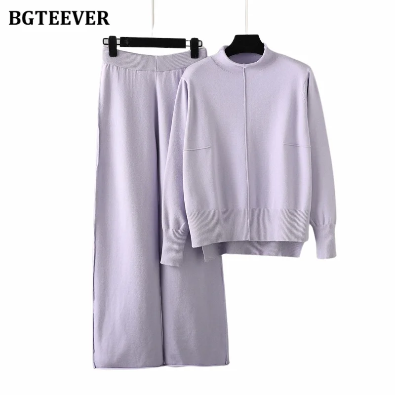 BGTEEVER Casual Loose Women Knitted Set Side Split Pullovers Jumpers Ladies Wide Leg Trousers Female Sweater Set Winter