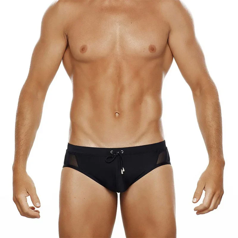 Mens Sexy Swimming Shorts Underwear Solid Color Swimwear Mesh Stitching with Cup Swimwears Triangle Swimming Shorts Fashion
