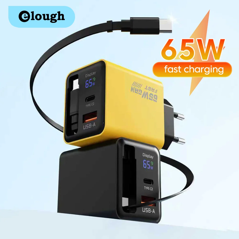 65 واط سوبر تهمة نوع C USB شاشة ديجيتال شاحن الهاتف مع قابل للسحب USB C كابل آيفون 17 16 15 سامسونج POCO Xiaomi