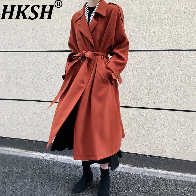 

HKSH весна осень новый женский длинный плащ двубортный отложной воротник с поясом сплошной цвет повседневная драпированная куртка HK13595