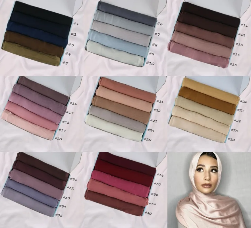 Hijabs-chales de seda para mujer musulmana, bufanda plisada de satén arrugado, Color sólido, diadema, velo