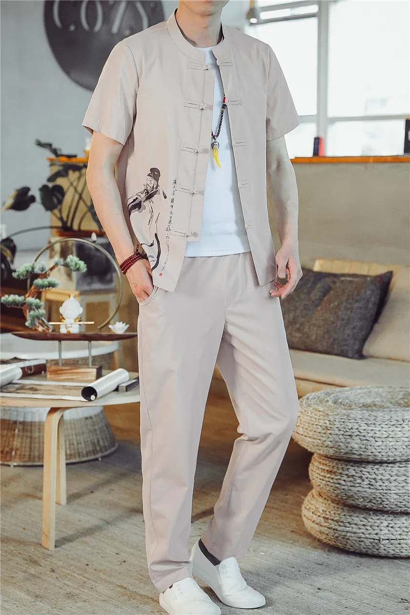 Summer Men Chinese Style Tang Suit Mens Traditional Tai Chi Retro V-neck Shirt +Pants Male Hanfu Sets Tracksuit Home