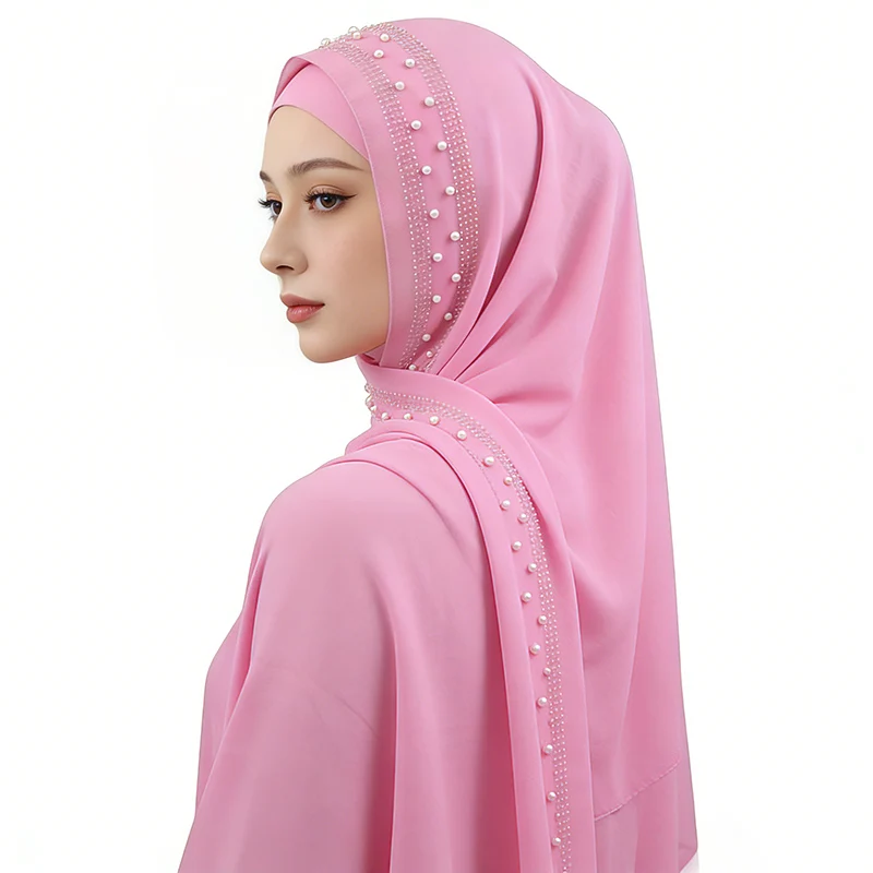 

New Chiffon Pearl Long Hijab,Solid Color With Rhinestones,Islam Ethnic Style Headscarf,Scarf,Muslim Fashion Hijab,70x170cm