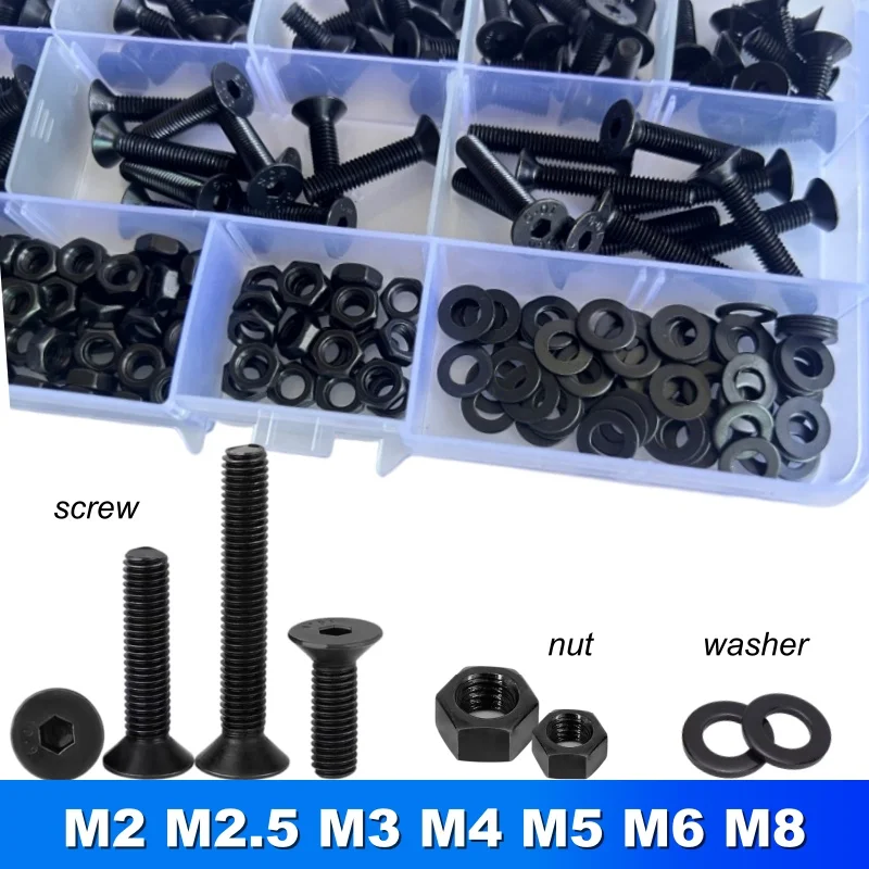 M2 M3 M4 M5 M6 Countersunk Flat Head Hex Bolt Nut Set Kit Black Grade 10.9 Steel Hex Hexagon Socket Countersunk Head Allen Screw