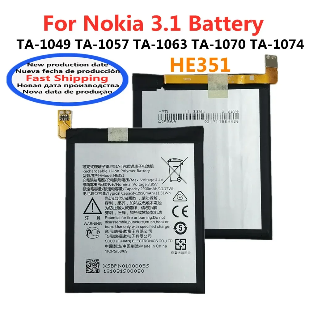 HE351 2900mAh Original Battery For Nokia 3.1 TA-1074, TA-1070, TA-1063, TA-1057, TA-1049 Mobile Phone Battery Batteries + Tools