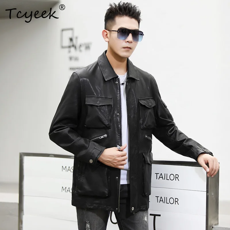 Tcyeek Genuine Leather Jacket Mens Sheepskin Coats Mid-length Trendy Youth-fit Jackets for Man Autumn 2026 New Casaco Masculino