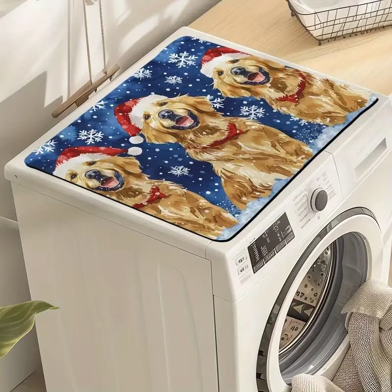 VIKAMA Merry Christmas Golden Retriever Dog Santa Hat Washing Machine Cover Mat Waterproof Dustproof Washer Dryer Pad Home Decor