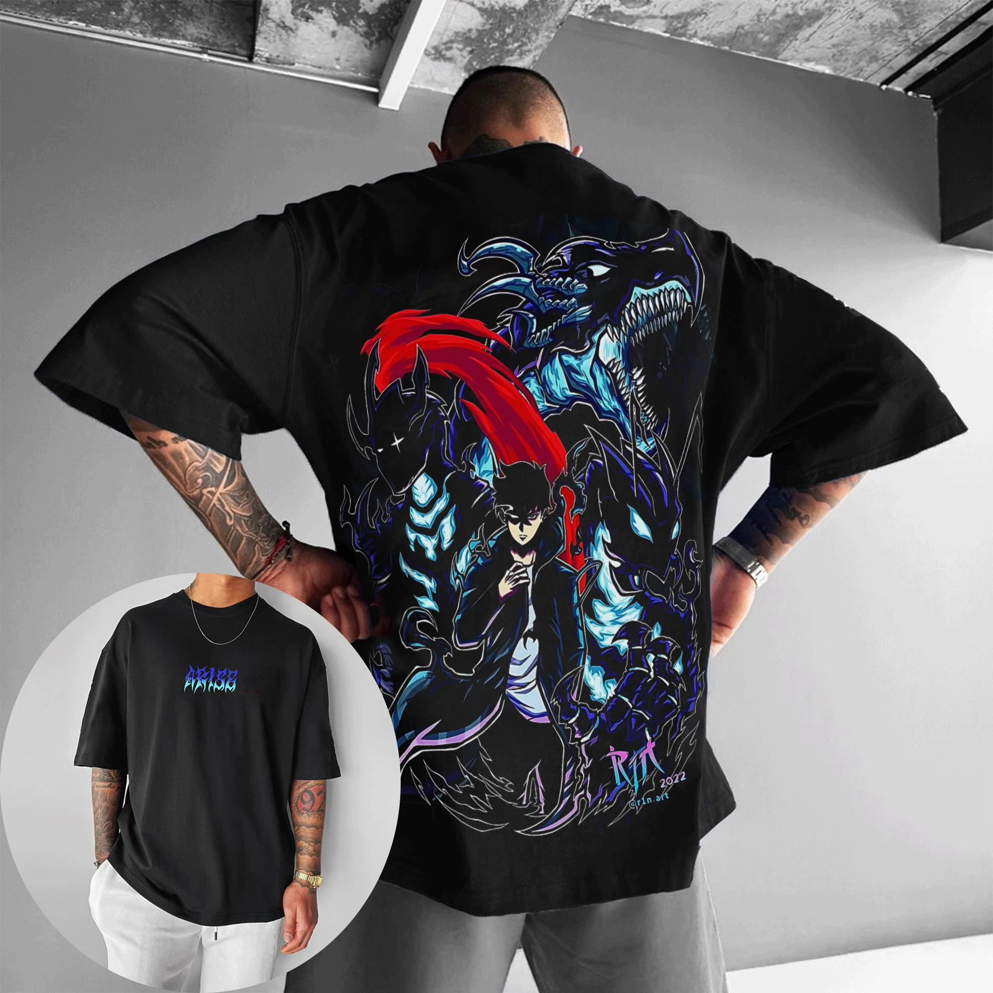 سولو التسوية أنيمي قميص أسود 2025 الرجال الصيف جديد Harajuku كبير عصري Y2K عادية فضفاض الوالدين والطفل قصيرة الأكمام