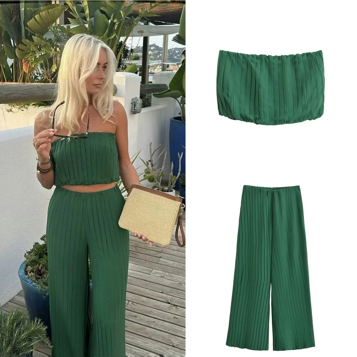 

PB&ZA2024 French style vacation style pleated design strapless top+straight leg pants long pants set for women