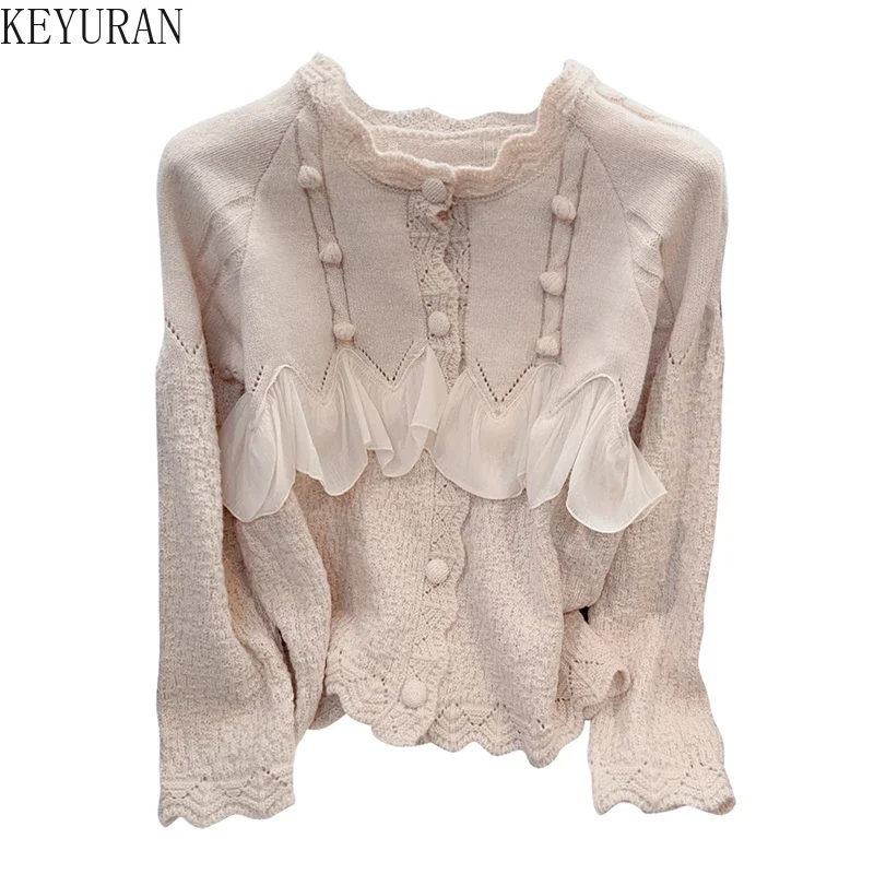 Ruffles Sweater Coat Women Knitted Cardigan Jacket Autumn Winter Fashion Loose Long Sleeve Single-breasted Knitwear Tops Jumpers