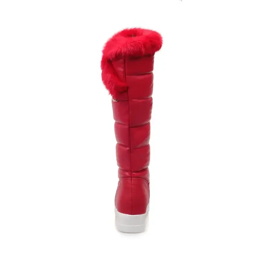 Red Winter Women Warm Fur Knee-high Snow Boots Red Black Thick Plush Round Toe Buckle Lady Height Increasing Platform Long Boots image 2