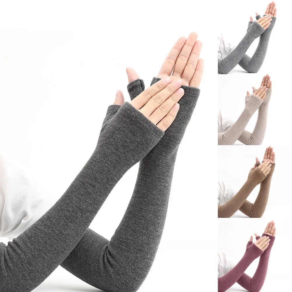 

Autumn Warm Cashmere Long Sleeves Gloves Soft Elastic Solid Color Thickened Arm Warmers Winter Cold-proof Fingerless Gloves