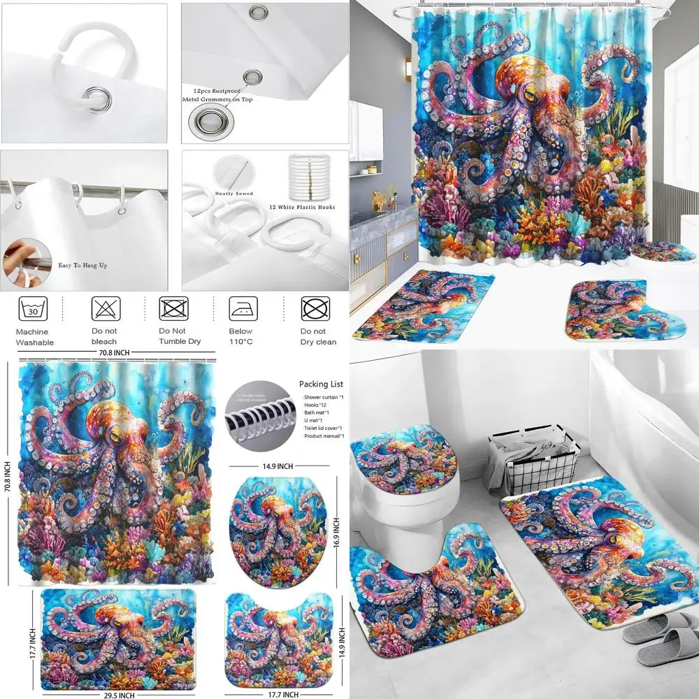 

Colorful Nautical Shower Curtain Set with Kraken, Coral, and Sea Animal Design for Bathroom Waterproof Decor