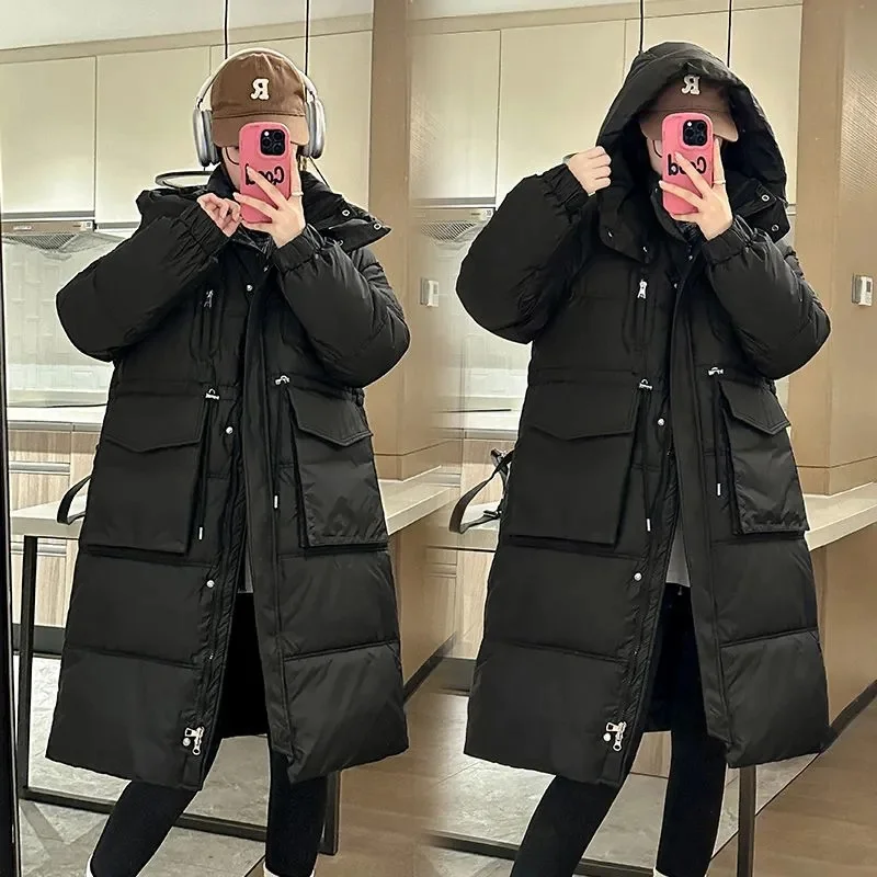 Piumino lungo invernale in cotone per donna Cappotto Parka con cappuccio con cerniera Cappotto imbottito allentato Addensare giacche da neve calde JJ534