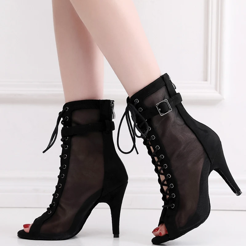 Women Mesh Dance Booties Open Toe  Ballroom Salsa Dance Shoes Lace Up Ankle Boots Black High Heel Dance For Dancing  Shoes