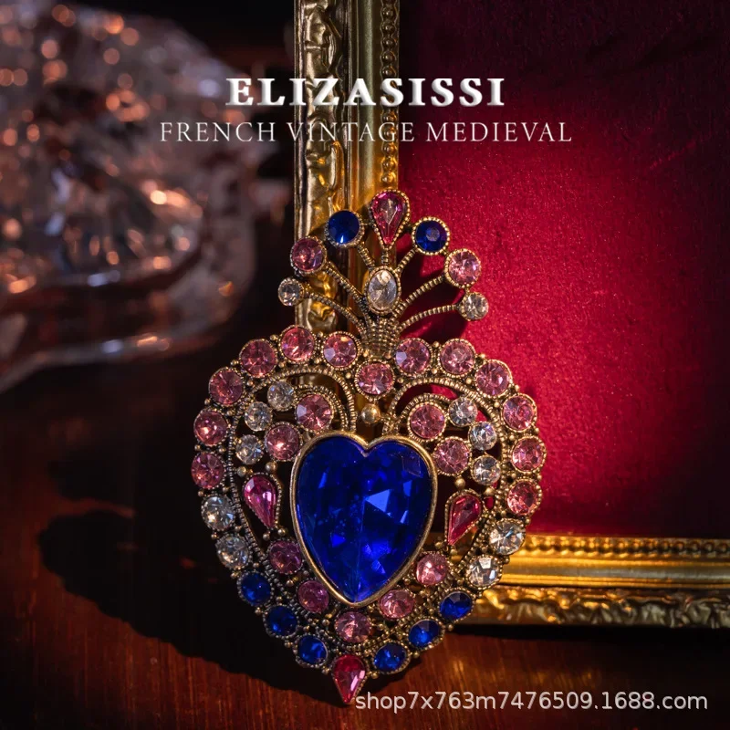 New, medieval sapphire blue, retro style, the story of the heart, literary elegance, heart-shaped brooch full of diamonds