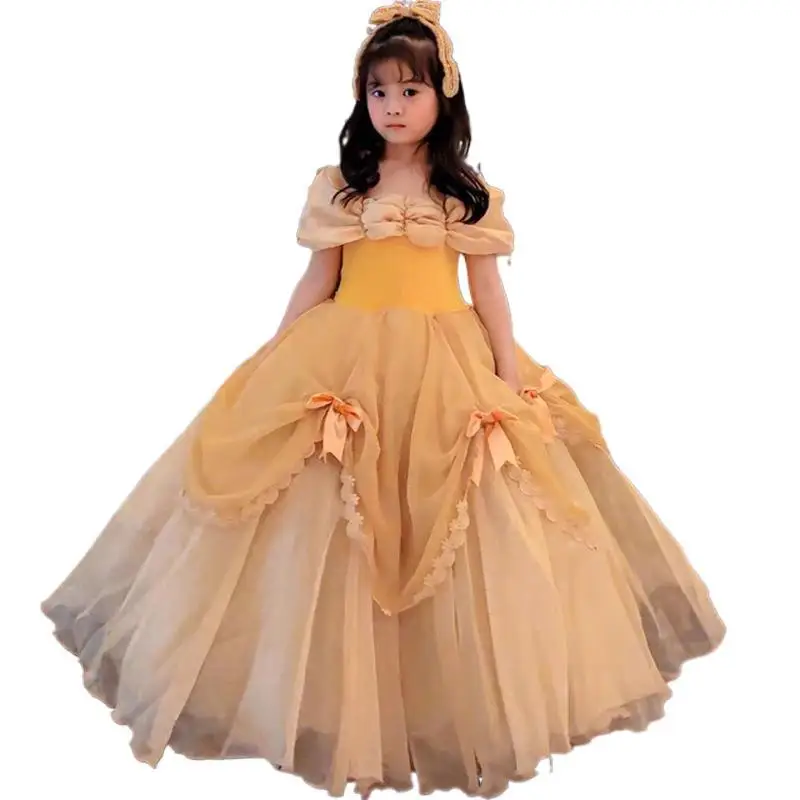 Children's Day High-end Elegant Evening Gown Cosplay Princess Costume Yellow Flower Girl Catwalk Dress Holiday Gift for Girls