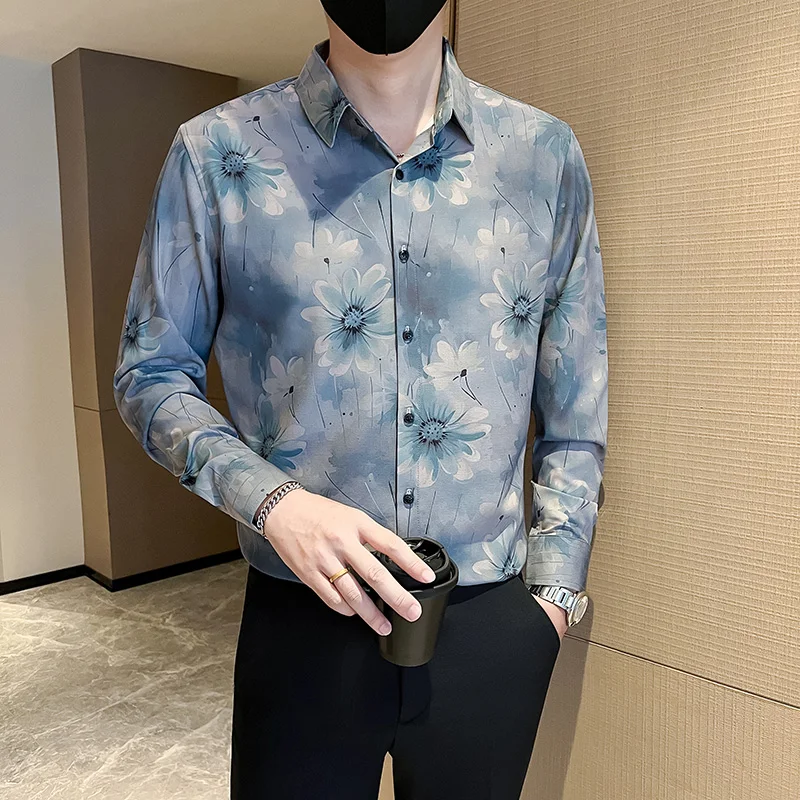 British Style Floral Print Long Sleeved Shirt for Men's Autumn Casual Social Shirt Slim Fit Slim Fit Streetwear Camisa Masculina