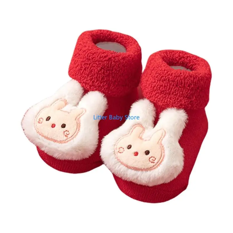 N80C Kids Holiday Socks Slip-Resistant Winter Footwear Insulated Combed Cotton Festive Chinese New Year Pattern For Toddler