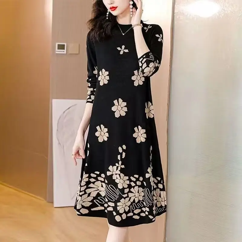 Women\'s Clothing Vintage Flowers Midi Dress Printed Autumn Winter Casual Loose A-Line Fashion Commute Half High Collar Dresses
