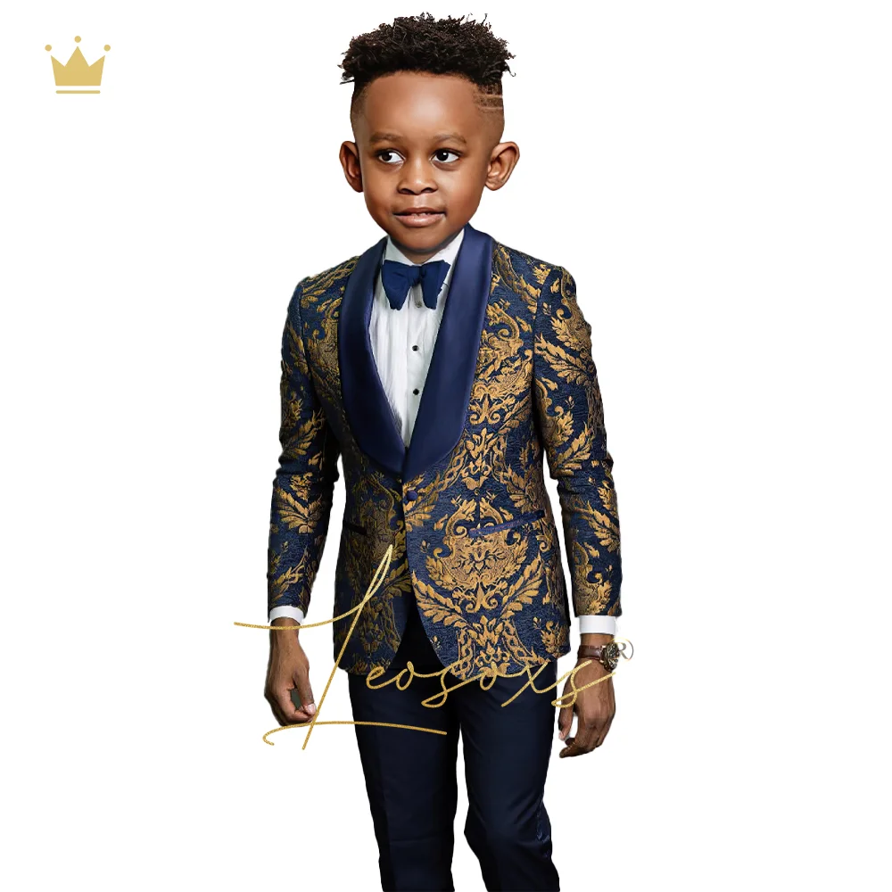 Padrão de Ouro dos meninos Terno Vestido Set, casamento personalizado smoking Aniversário, Black Velvet Xaile Collar, Calças Pretas, 2 pcs