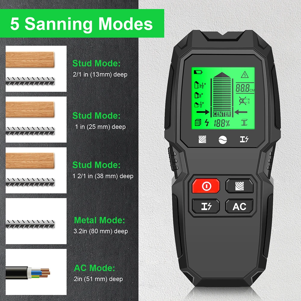 Detector de tachuelas de pared 5 en 1, pantalla LCD, Manual multifuncional para madera, Cable de CA, Detector de metales, buscador de pared eléctrico