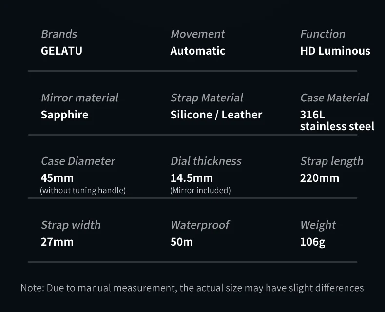 GELATU Men\'s Automatic Mechanical Wrist Genuine Leather Strap Luxury Skeleton Large dial Waterproof Sapphire Mirror Men\'s Watch
