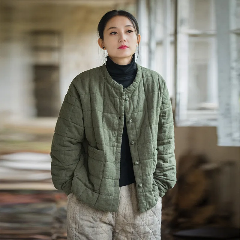 New 2026 Winter Cotton Linen Coats Women Casual Quilted Coats Vintage Solid Color Loose Female Cotton Linen Padded Jackets