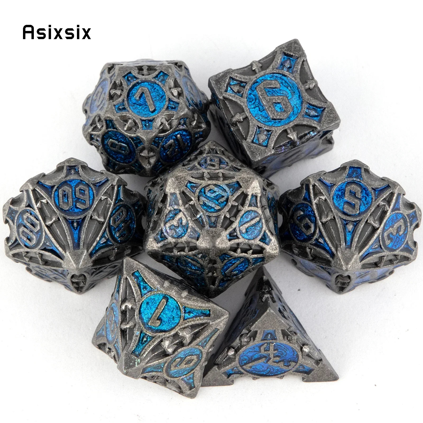 

7 Pcs Black Blue Metal Dice Solid Metal Polyhedral Dice Set Suitable for Role-Playing RPG Board Game Gift