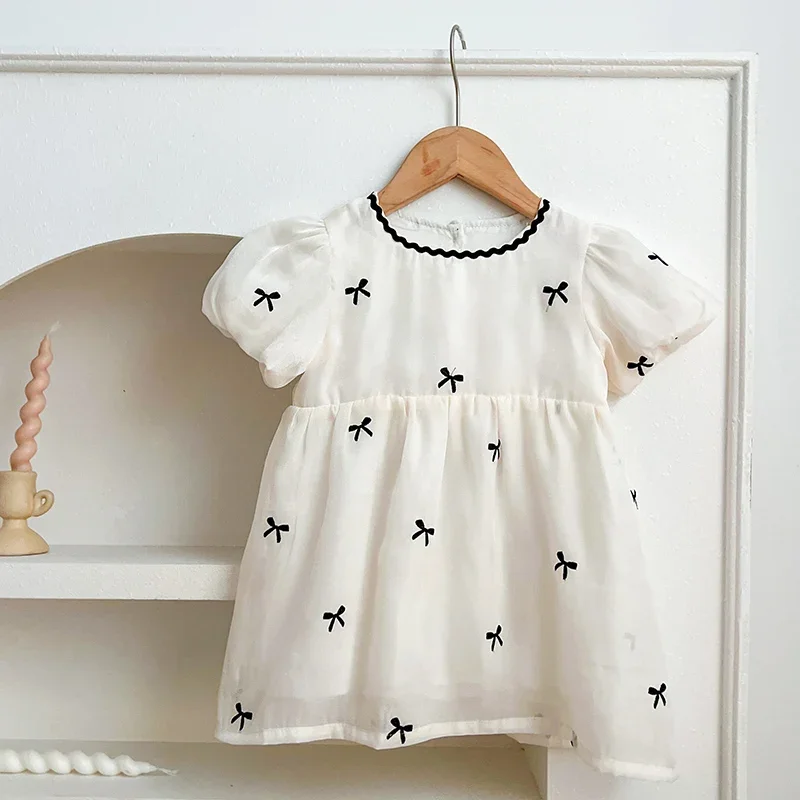 1-6Yrs Princess Girls Lace Dress Embroidered Bow Summer Girl Cotton Breathable Kids Dress Casual Toddler Dress Children Costumes