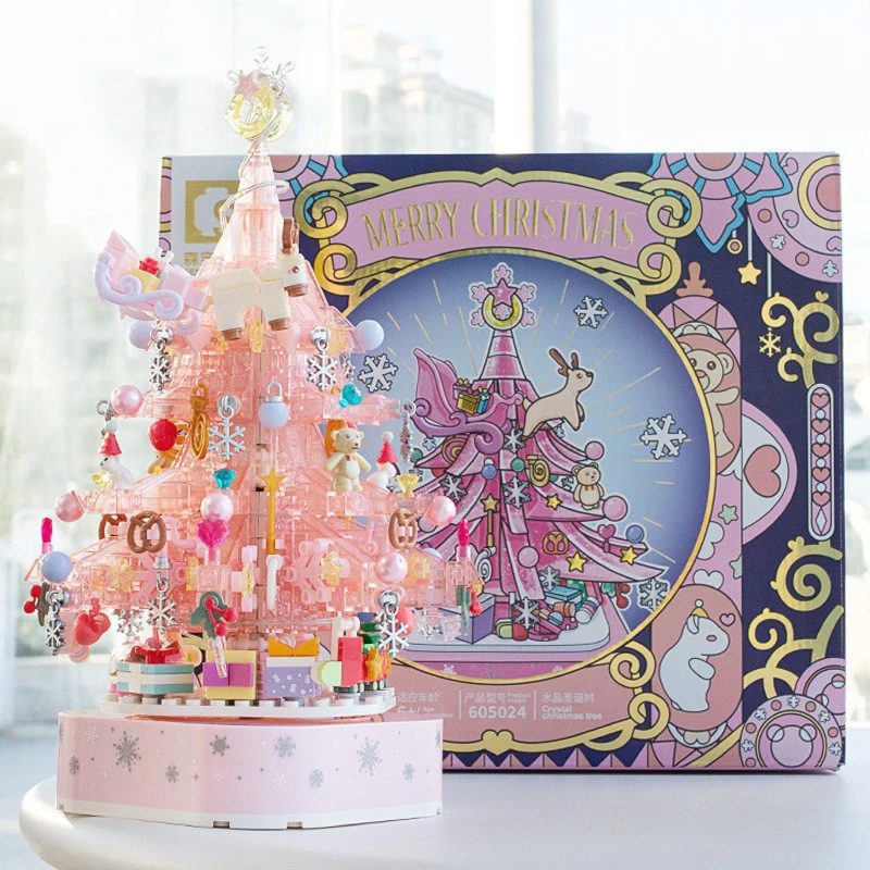 

Pink Christmas Tree Micro Building Blocks Music Box Santa Assembled Mini Bricks Merry Christmas Toy For Kid Gifts