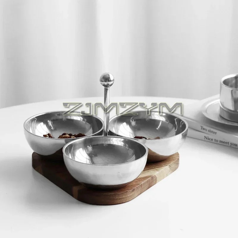Triangle Nut Snack Bowl Stainless Steel Dim Sum Pallet KTV Party Living Room Melon Seed Storage Bowl With Solid Wood Base Handle