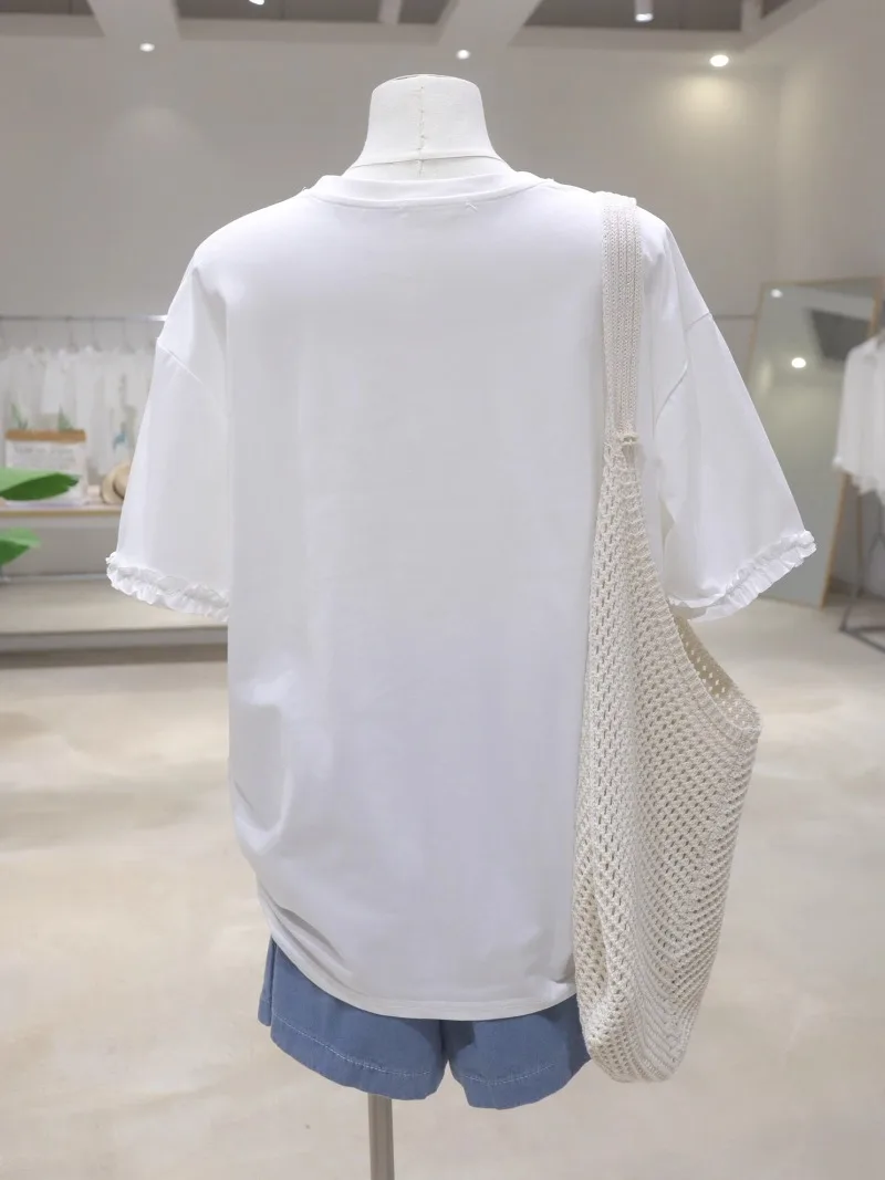 Dziewczęca koszulka z krótkim rękawem, z kokardą, w panterkę, z motywem kreskówkowym, nowa, letnia, luźna i cienka, z koronkowymi rękawami, bawełniana bluzka damska, odmładzająca.