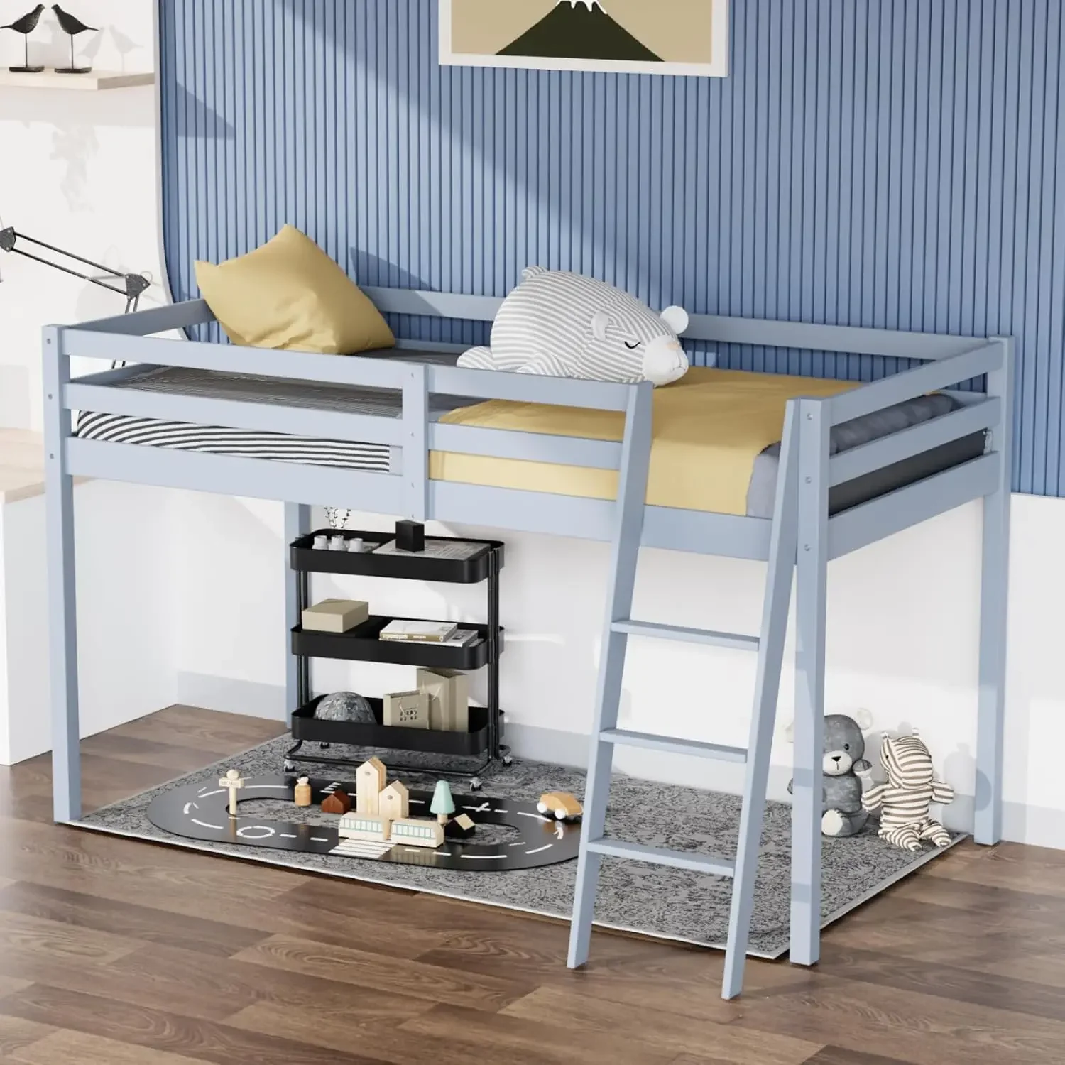 Junior Low Loft Bed with Stairs, Wood Loft Bed Full Size for Adults, Kids and Young Teens, No Box Spring Required,Wood