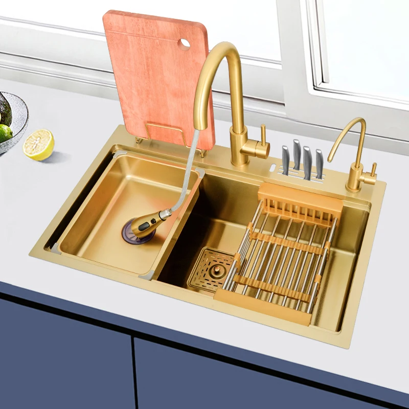 #High-quality Luxury Kitchen Sink Set Multifunctional Copper Gold Single Bowl Two Holes 304 Stainless Steel with Cheap Price