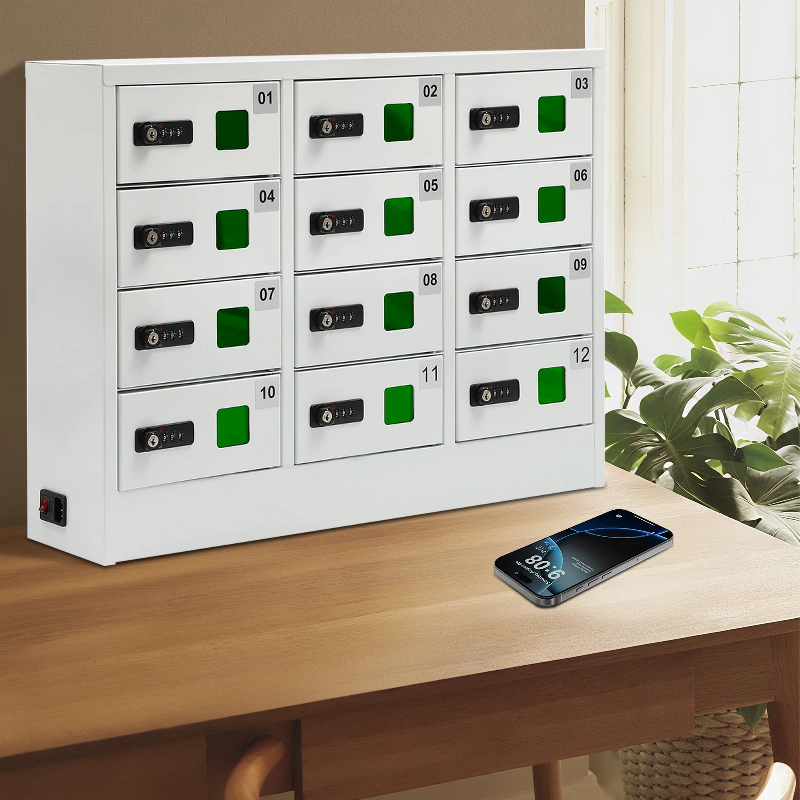 

12 прямоугольных белых шкафчиков для телефонов с зарядными станциями для школ, церквей, аэропортов, отелей