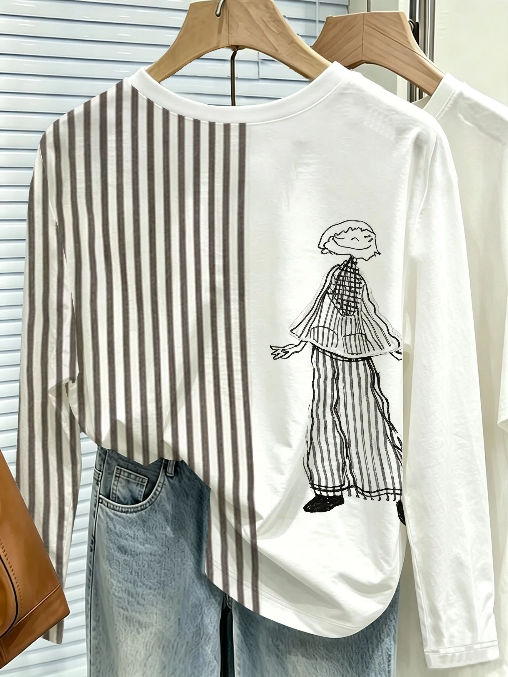 Women Long Sleeve T Shirt Sketch Girl Stripe Splicing Print Soft Breathable Casual Daily Autumn Fashion Women's Clothing