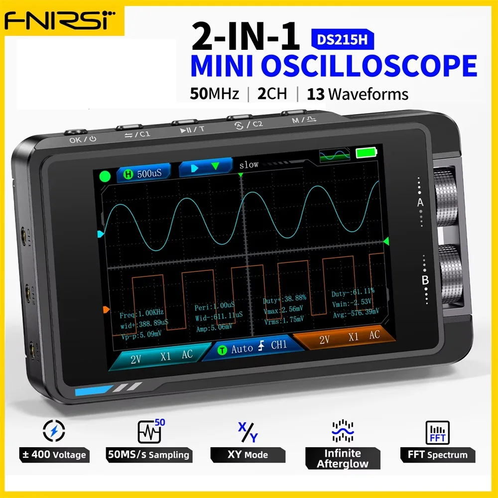 

FNIRSI DS215H 2 in 1 Digital Oscilloscope Signal Generator Handheld 50MHZ 250MS/s Dual Channel Automatic Osciloscópio Tool