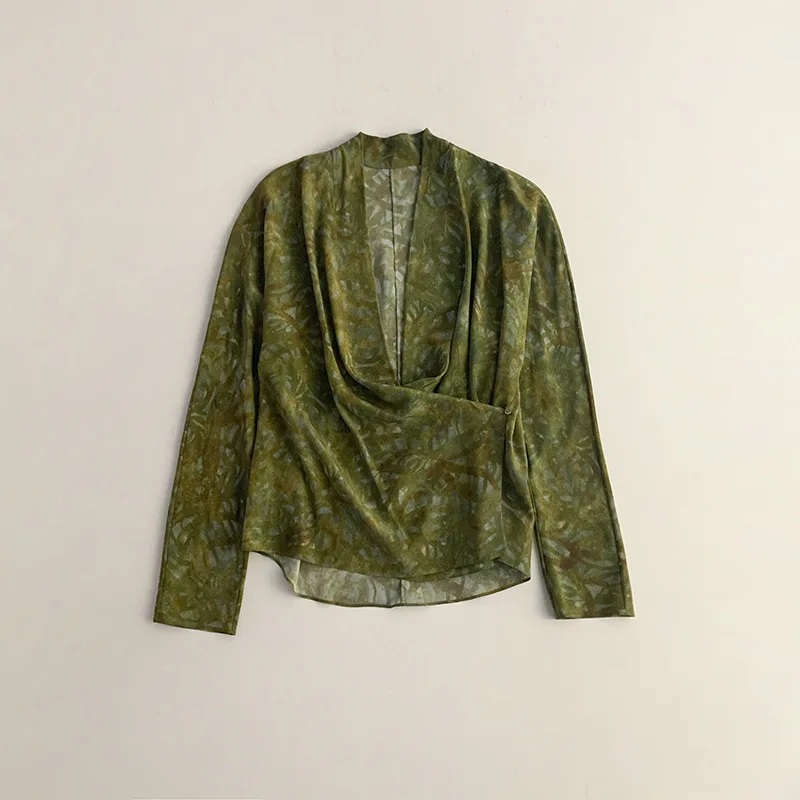 Withered Printed Silk Cross Wrap Button Up Shirt V-neck Long Sleeved Silky Lazy Top Blouses Women's Clothes Shirts Tops