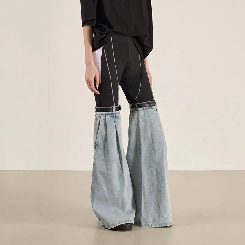 Patchwork Straigt Jeans Women Denim Pants Hipster Luxury Brand Contrast Color Original Wide Leg Trousers Streetwear Outfits Chic