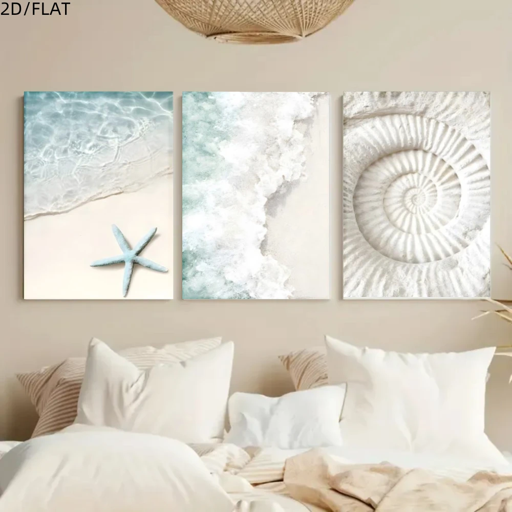Nordic 3‑Piece Framed Wall Hanging, HD Canvas Print of Ocean Shell & Starfish Pattern, Wall Art for Bedroom Headboard