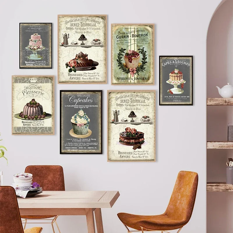 PATISSERIE Bakery Wall Art Canvas Painting Cupcakes Poster Dessert Prints Coffee Shop Kitchen Vintage Wall Decoration Pictures